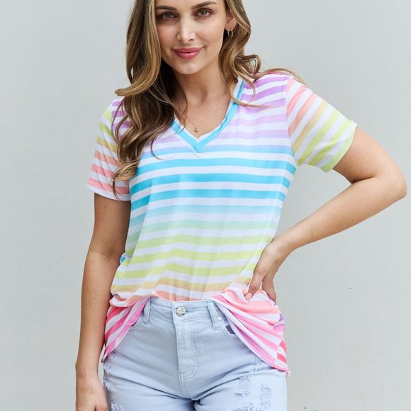 Heimish Out And Proud Full Size Multicolored Striped V-Neck Short Sleeve Top - Picture 6 of 10